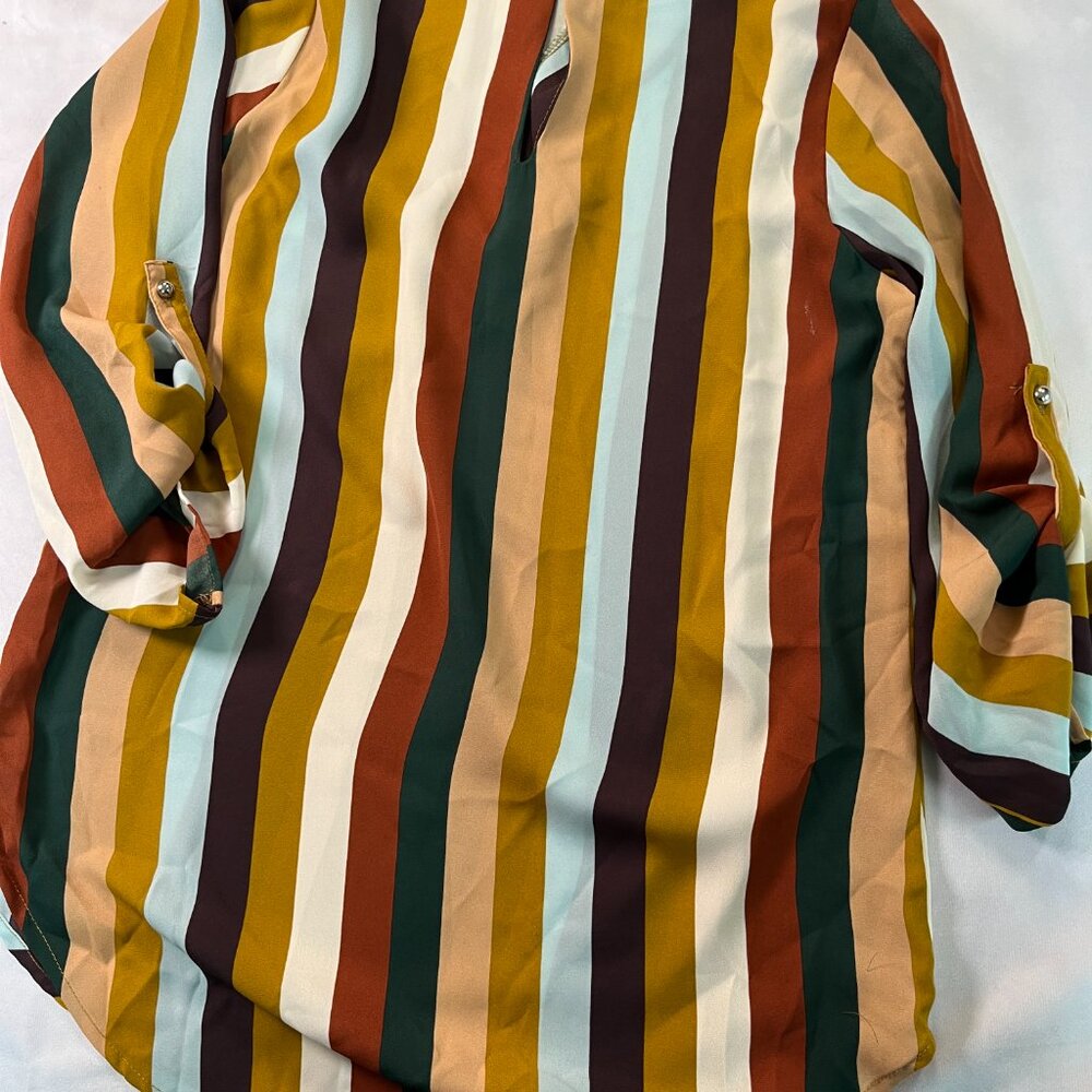 Lily White Earth Tone  Vertical Striped Roll Tab Blouse Size Medium - Picture 5 of 6